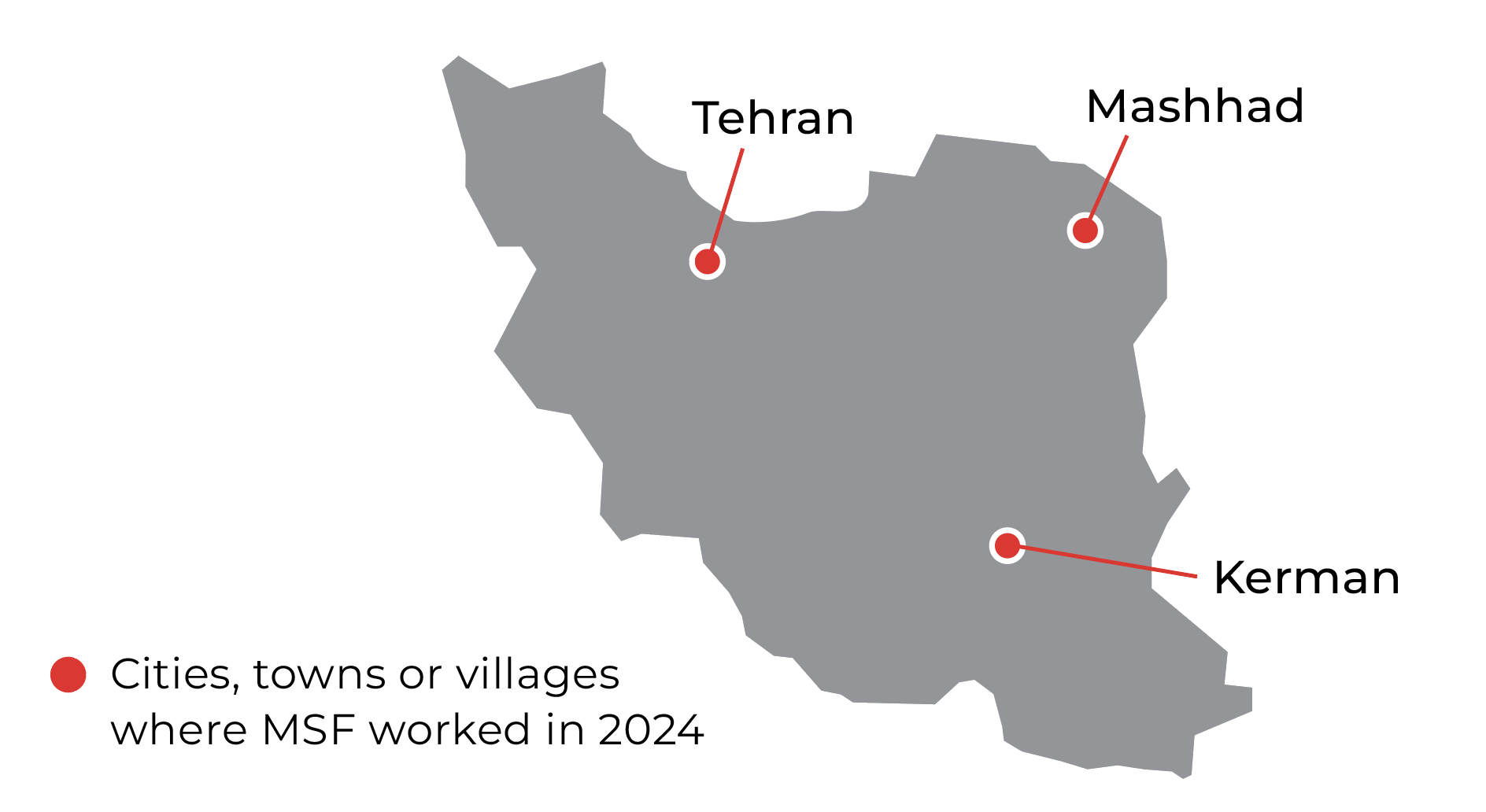 Kaart die toont waar AZG actief is in Iran